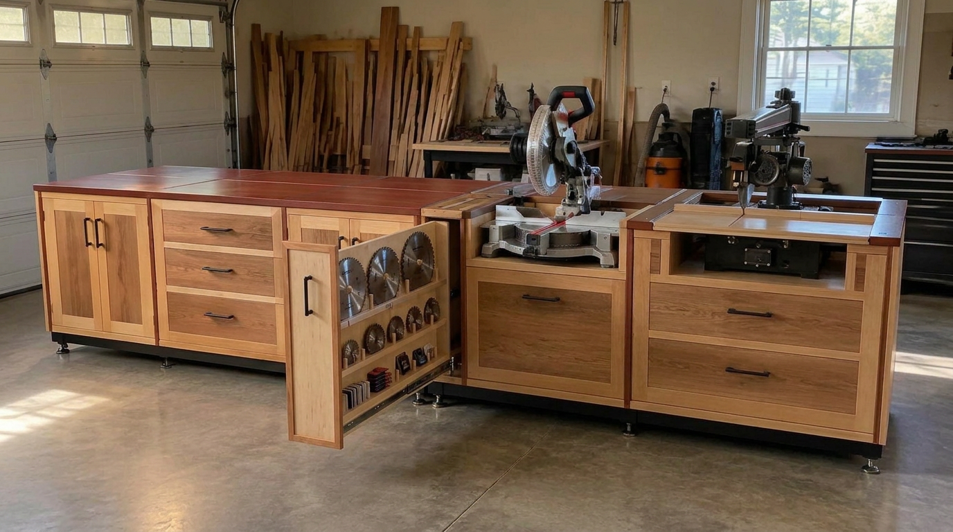 Realistic view of the mobile miter saw and radial arm saw station with the blade-storage pullout open