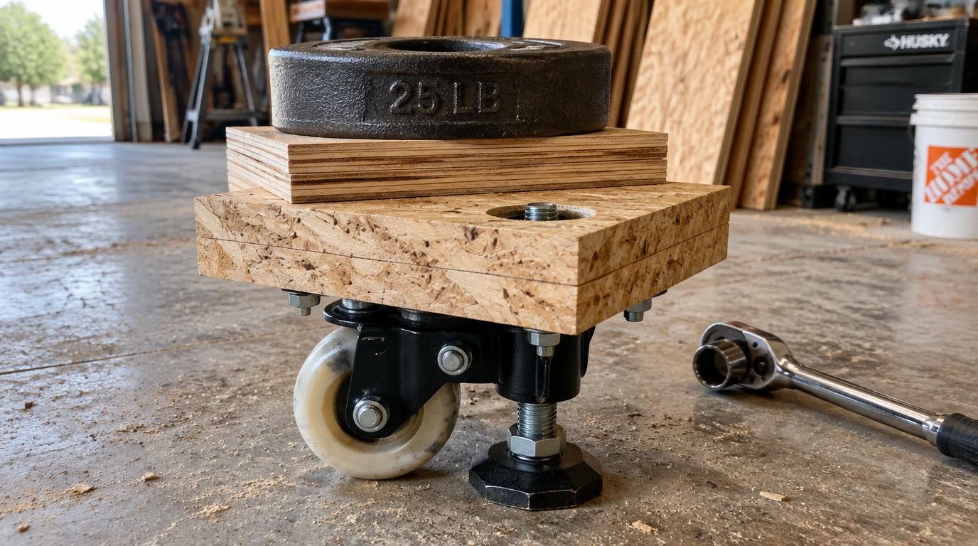 Prototype caster mounting pad: laminated strand lumber pad with a black leveling caster bolted underneath, leveling foot deployed on a garage floor and a loaded stack on top