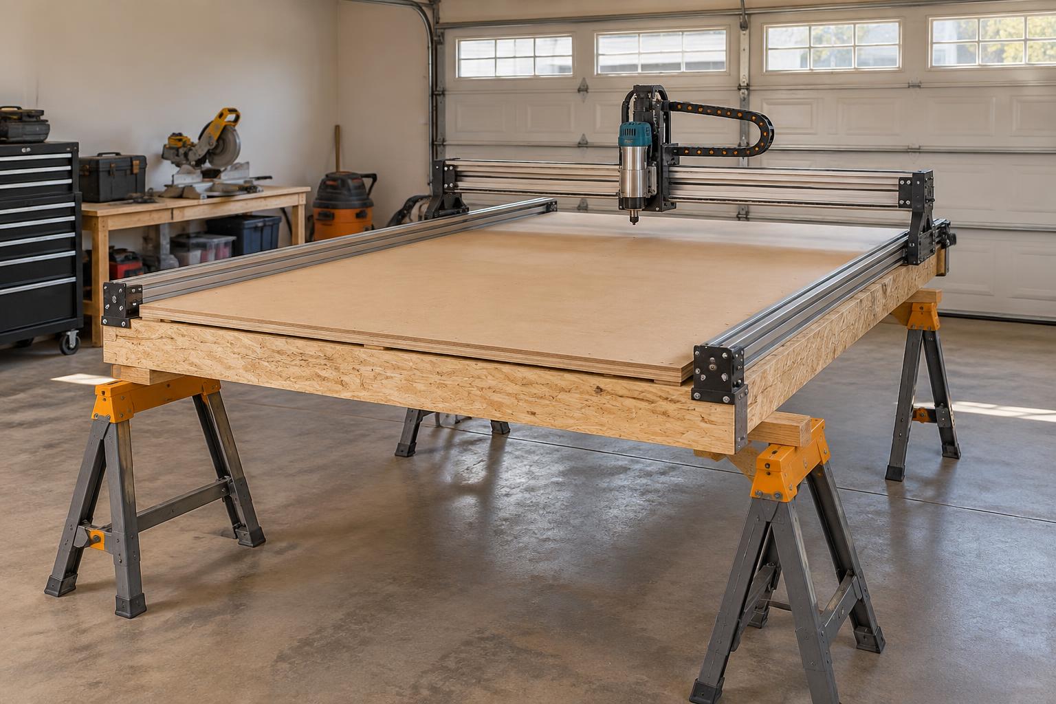 Temporary LowRider CNC deck on four sawhorses in a two-car garage