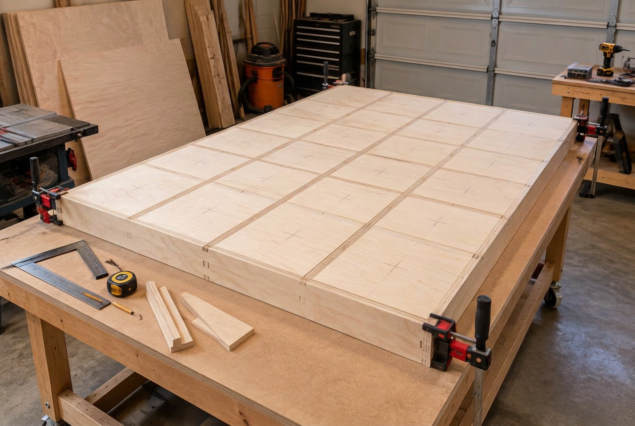 Large plywood torsion box dry-fitted from interlocking ribs on a flat platform