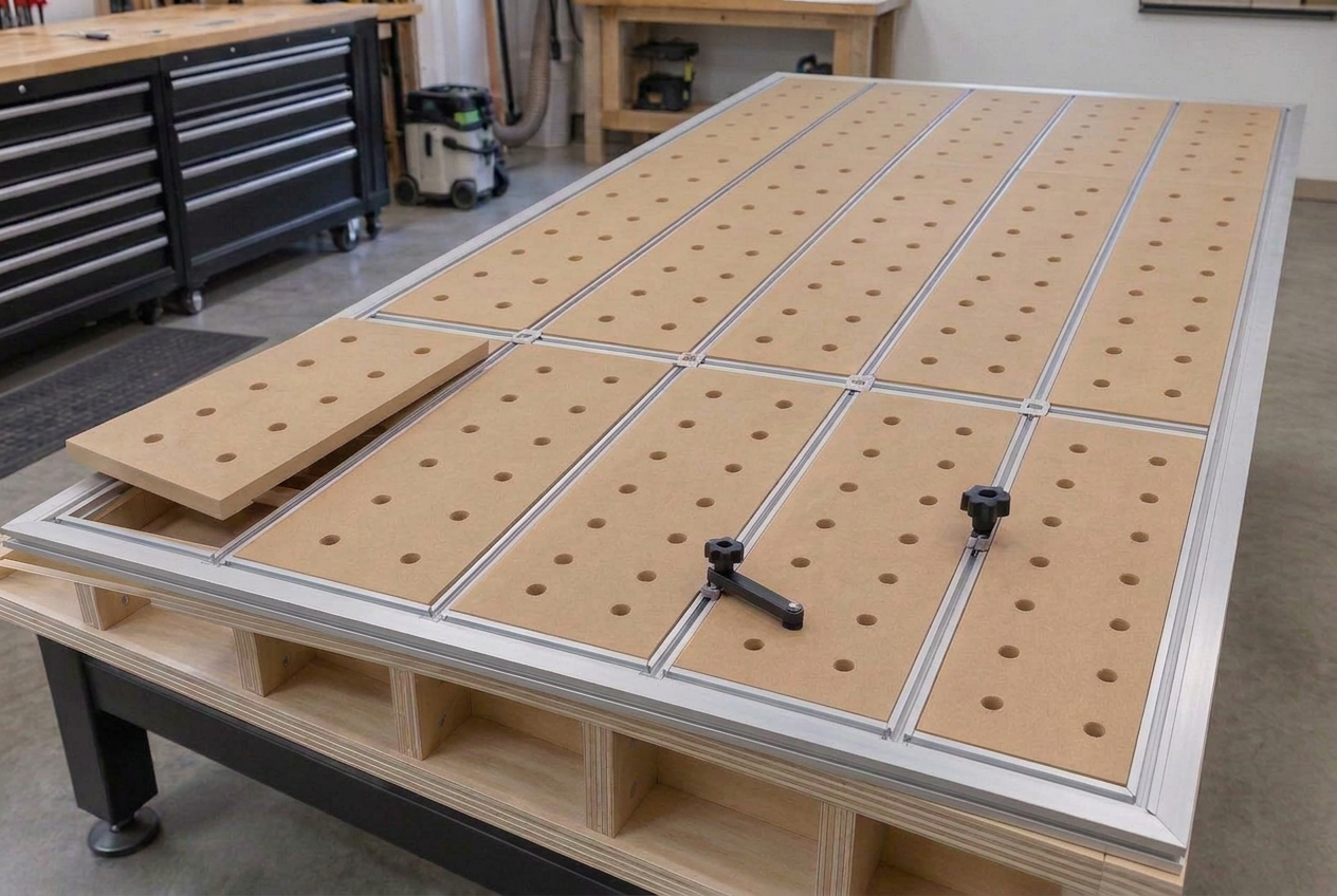 Ten equal MDF modules divided by internal aluminum T-tracks and surrounded by perimeter T-track