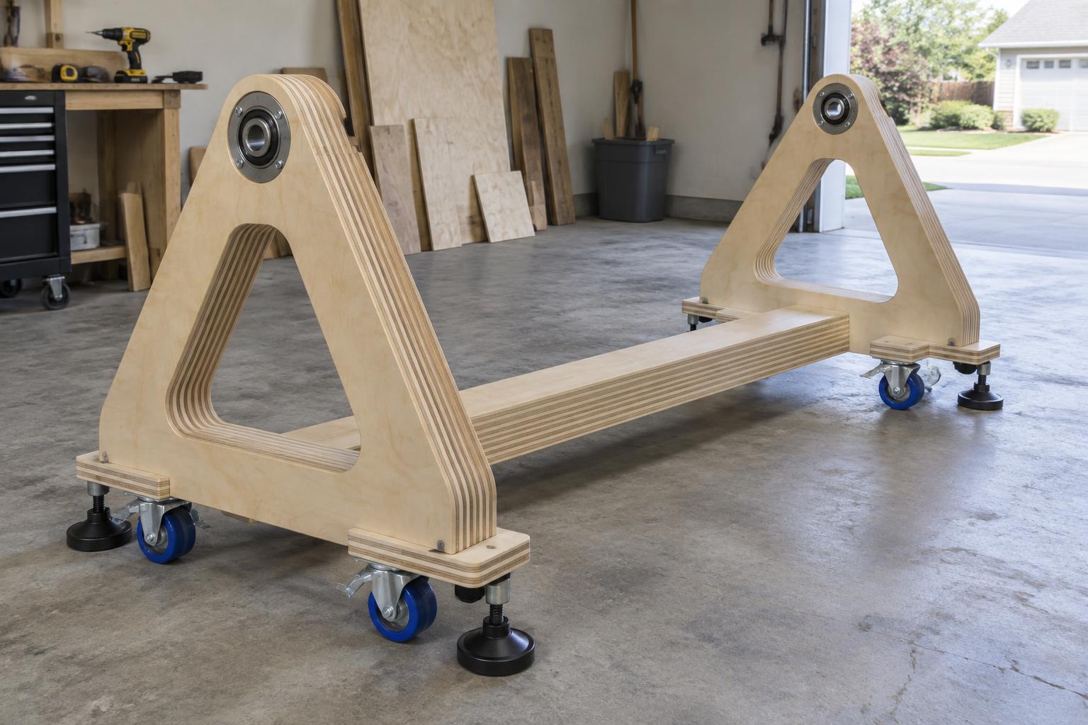 Freestanding laminated plywood CNC table cradle on blue polyurethane casters and stabilizers