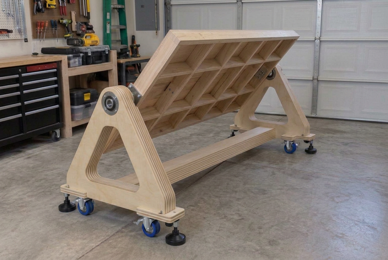 Wooden CNC torsion-box top rotating inside a freestanding timber cradle with the gantry removed