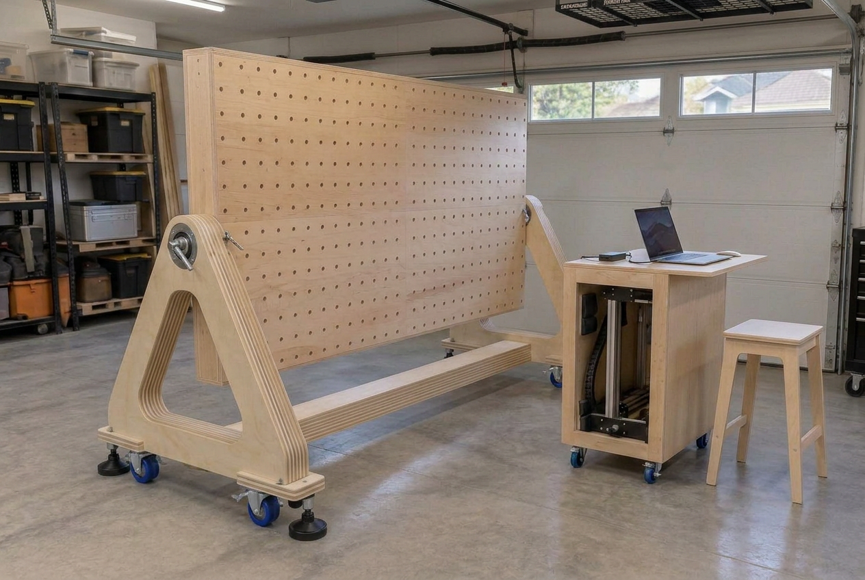 Large wooden CNC table locked upright beside a separate gantry and laptop cabinet