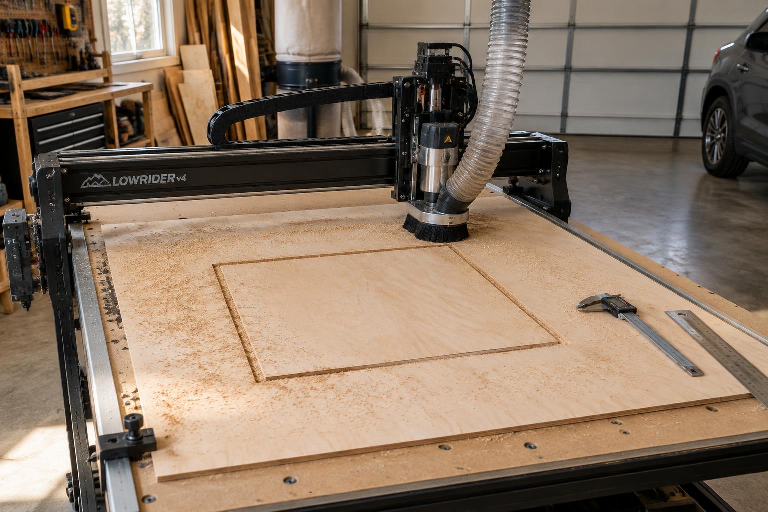LowRider v4 CNC cutting a test square into a spoilboard, with calipers and a steel ruler alongside