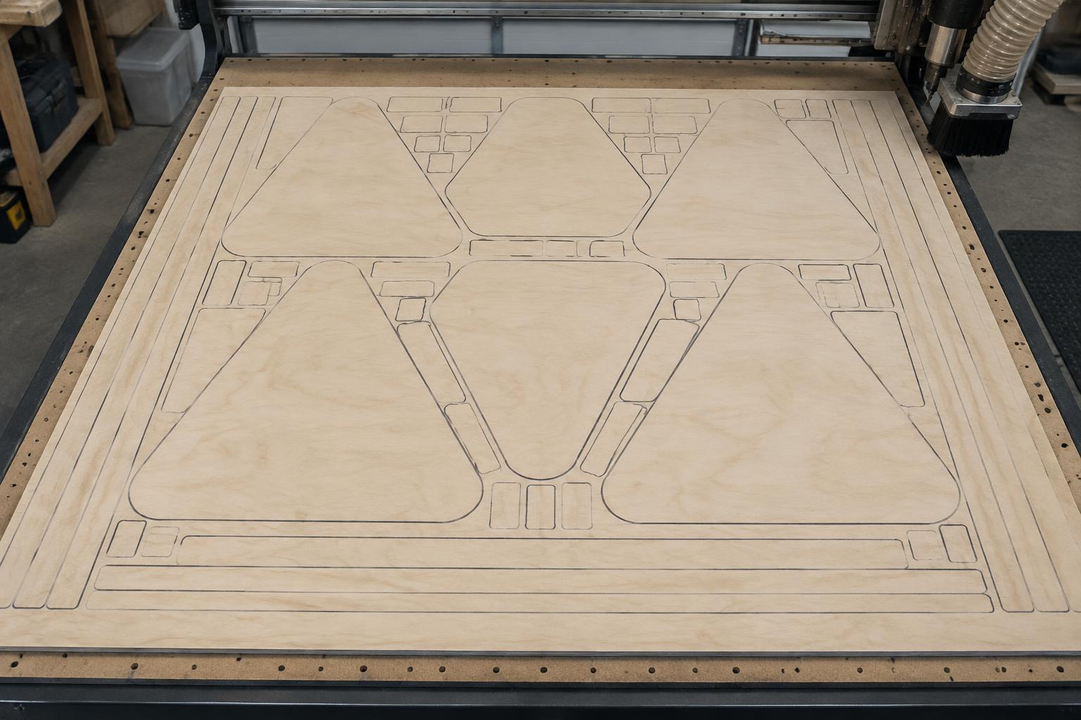 Top-down view of rounded triangles and pads nested across a Baltic birch sheet