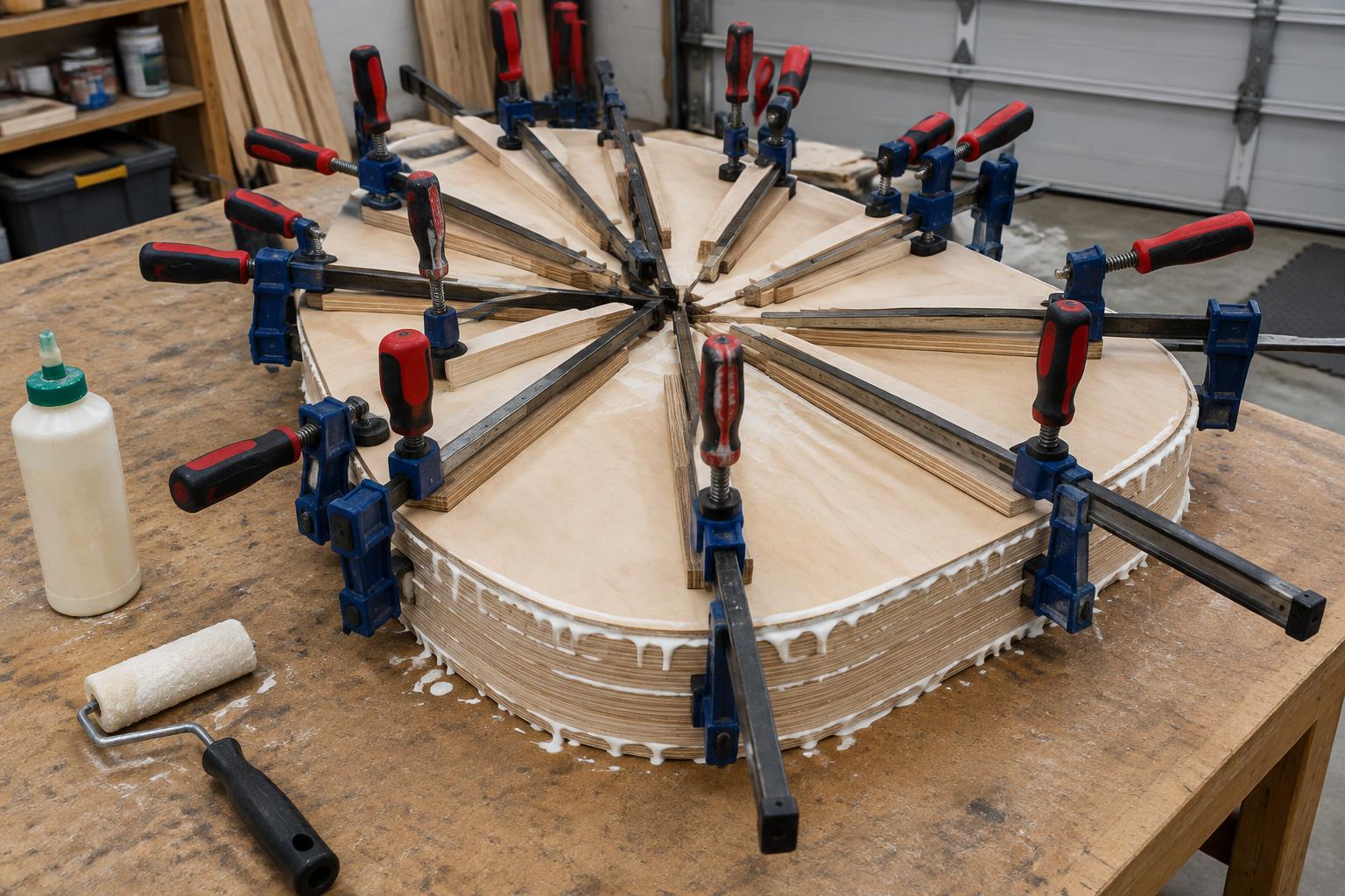 Stacked rounded plywood layers clamped with cauls from the center outward, glue squeeze-out along the edges