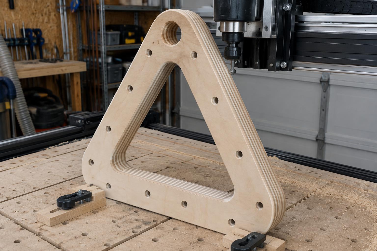 Laminated rounded-triangle end frame with striped plies being edge-finished on the CNC, pivot bore and bolt holes visible