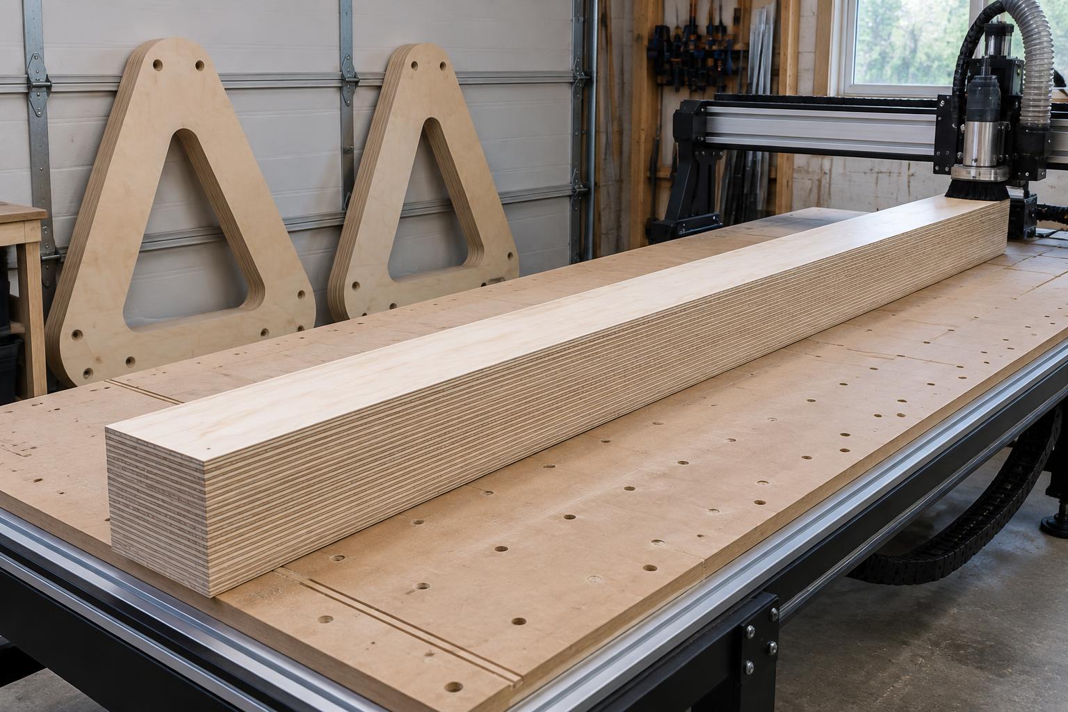 Long LSL spine beam cut square to length on the CNC table, finished end frames leaning behind