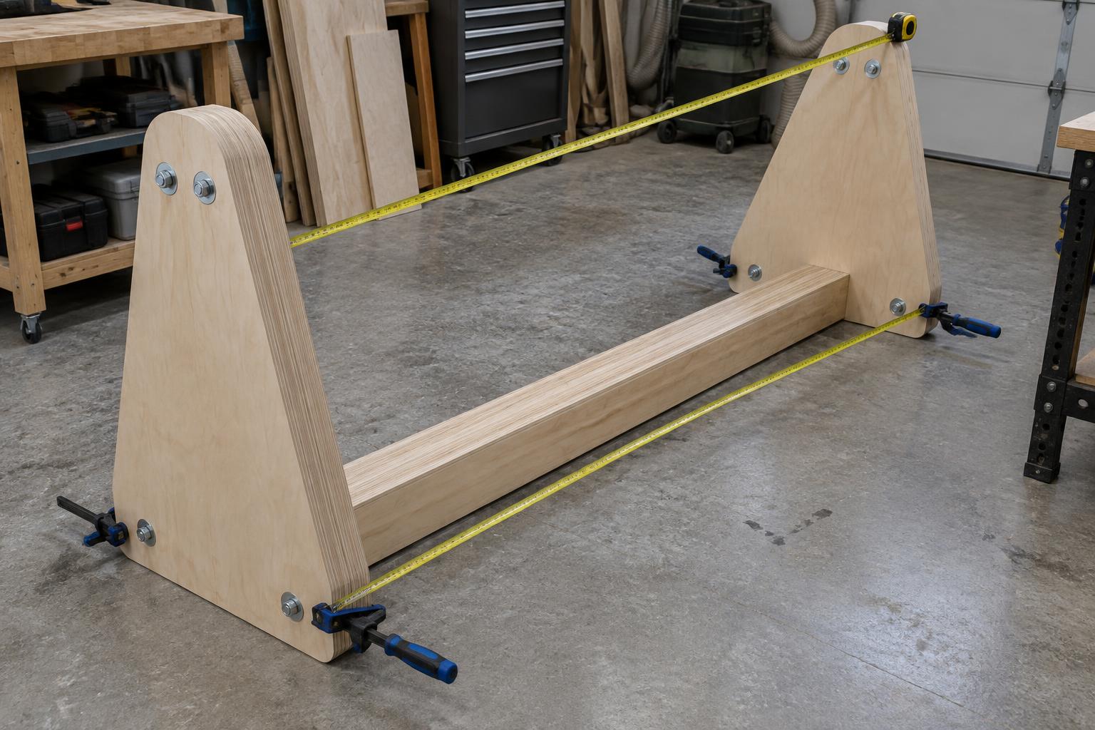 Two triangle end frames joined by the central spine on the garage floor, tape measure checking the diagonals