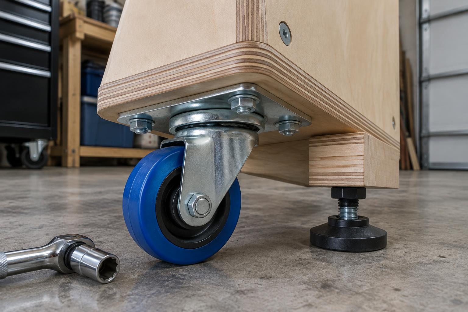 Blue polyurethane swivel caster through-bolted to a laminated pad beside a black leveling foot in its block