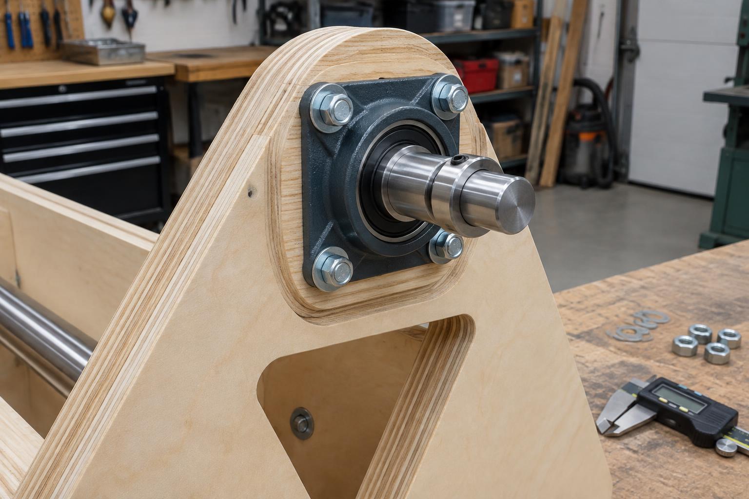 Steel four-bolt flange bearing and polished pivot shaft at the top vertex of a laminated triangle end frame
