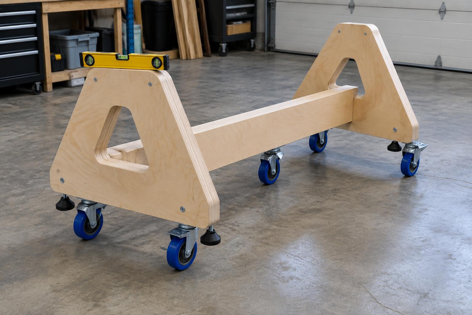 Completed plywood cradle rolling on six blue casters with black stabilizer feet and a spirit level on the frame