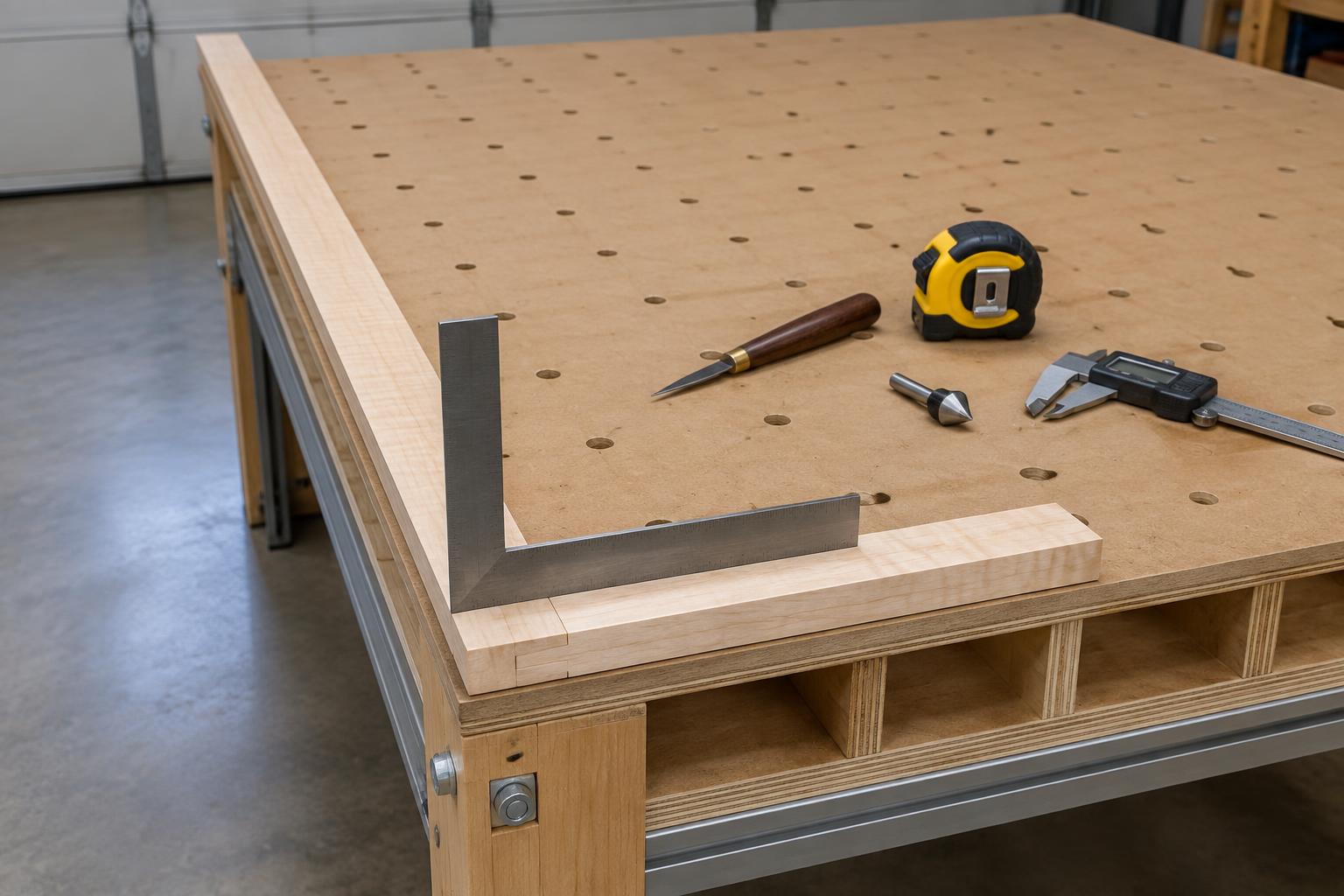Front and left hardwood datum rails meeting at a square half-lapped corner on the CNC work surface