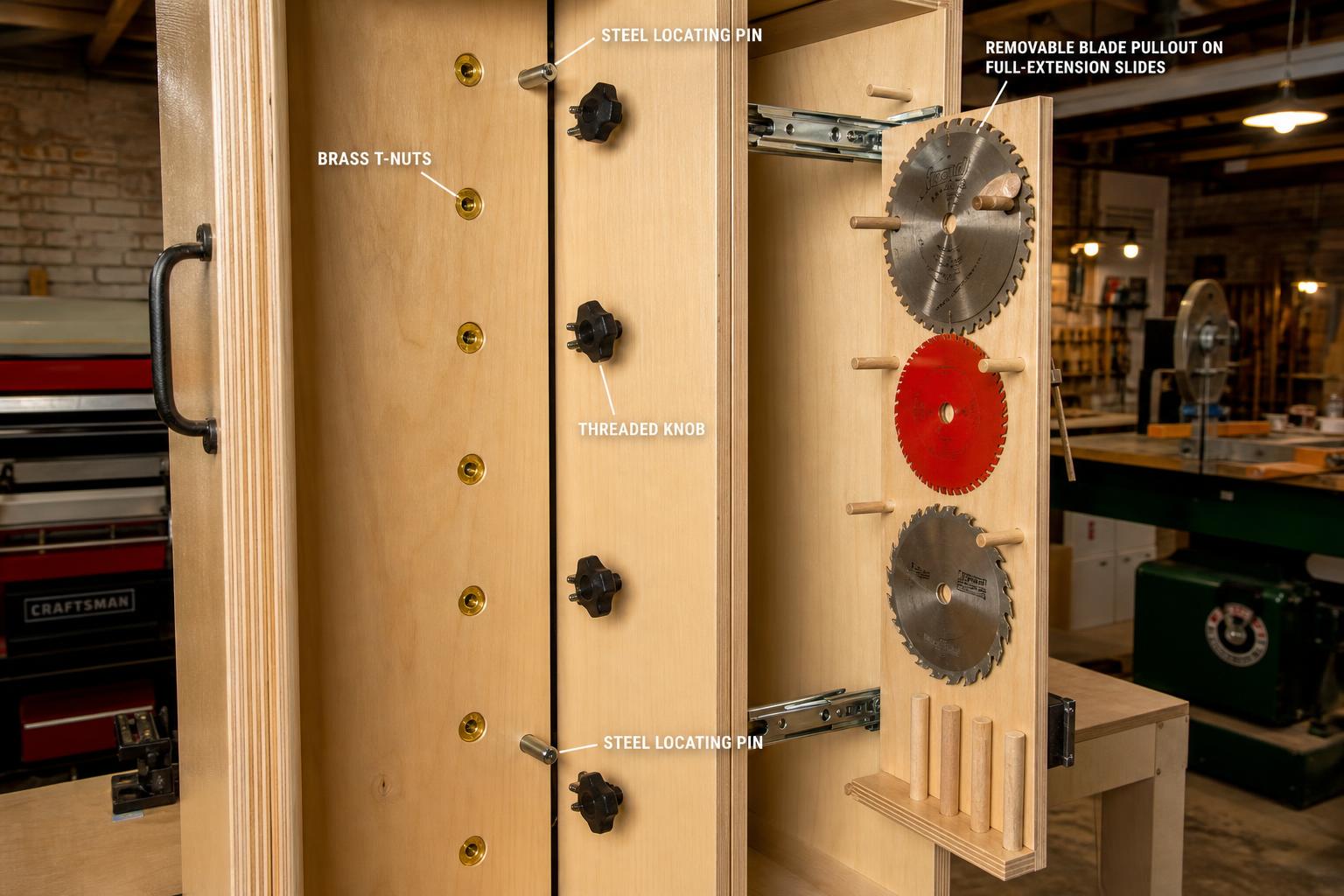 Interior of the 12-inch connector cabinet with T-nuts in the left module face, threaded knobs from the right module, and the blade pullout slid aside