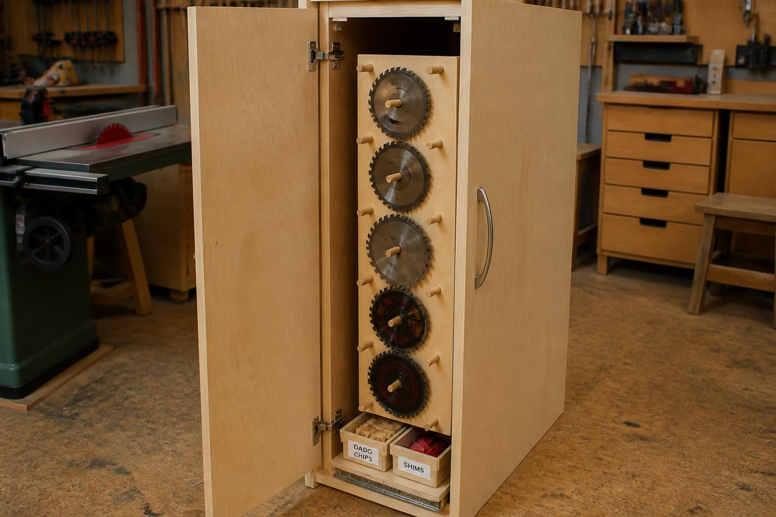 Tall narrow cabinet with its door open showing a vertical blade pullout on full-extension slides