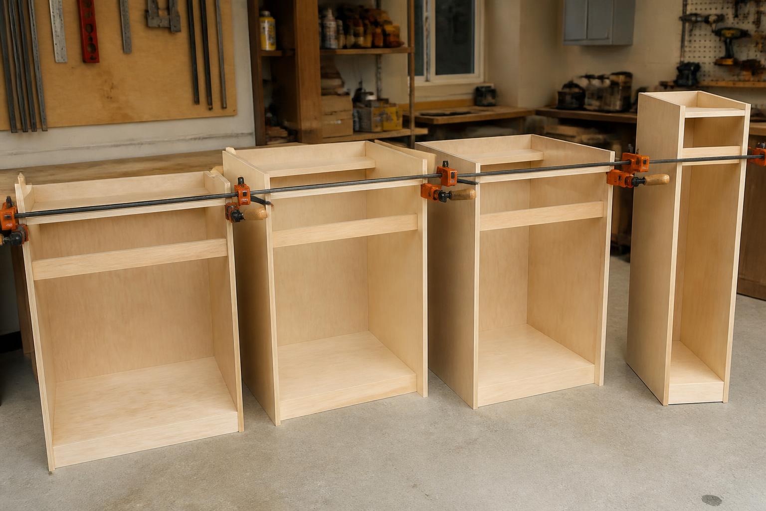 Prefinished birch plywood cabinet carcasses of several widths clamped square in the shop