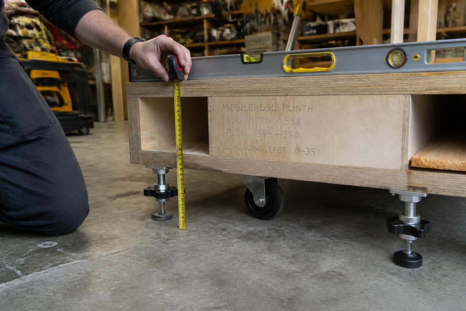 Measuring floor-to-support-plane height on a plinth standing on deployed leveling feet