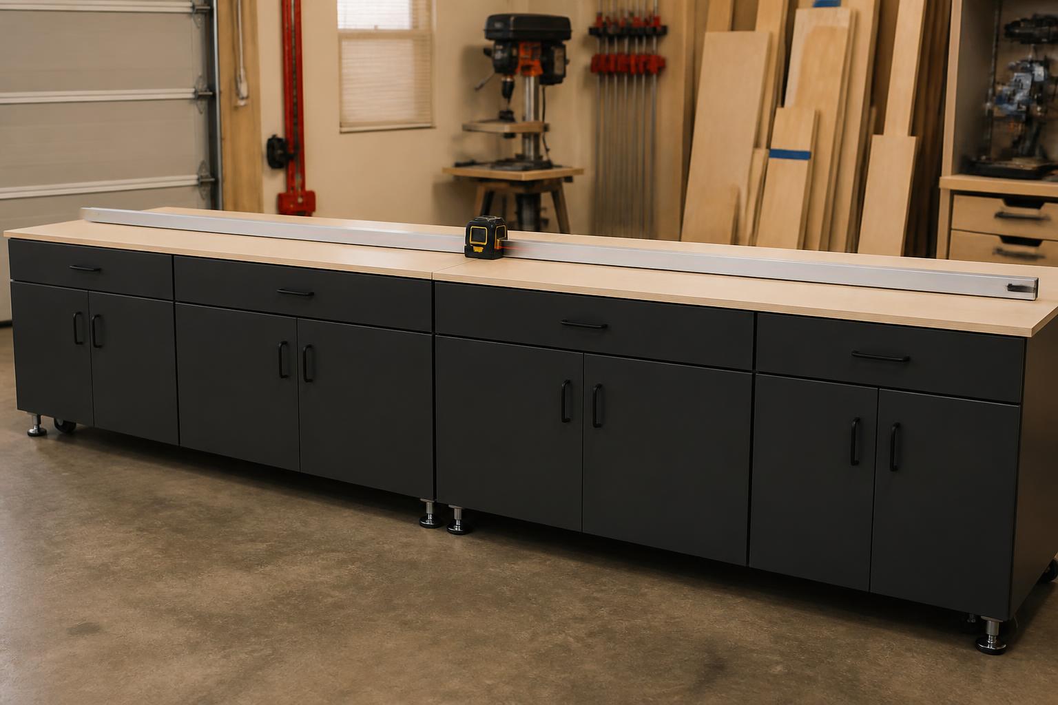 Two joined cabinet modules checked with a long straightedge and laser across the seam