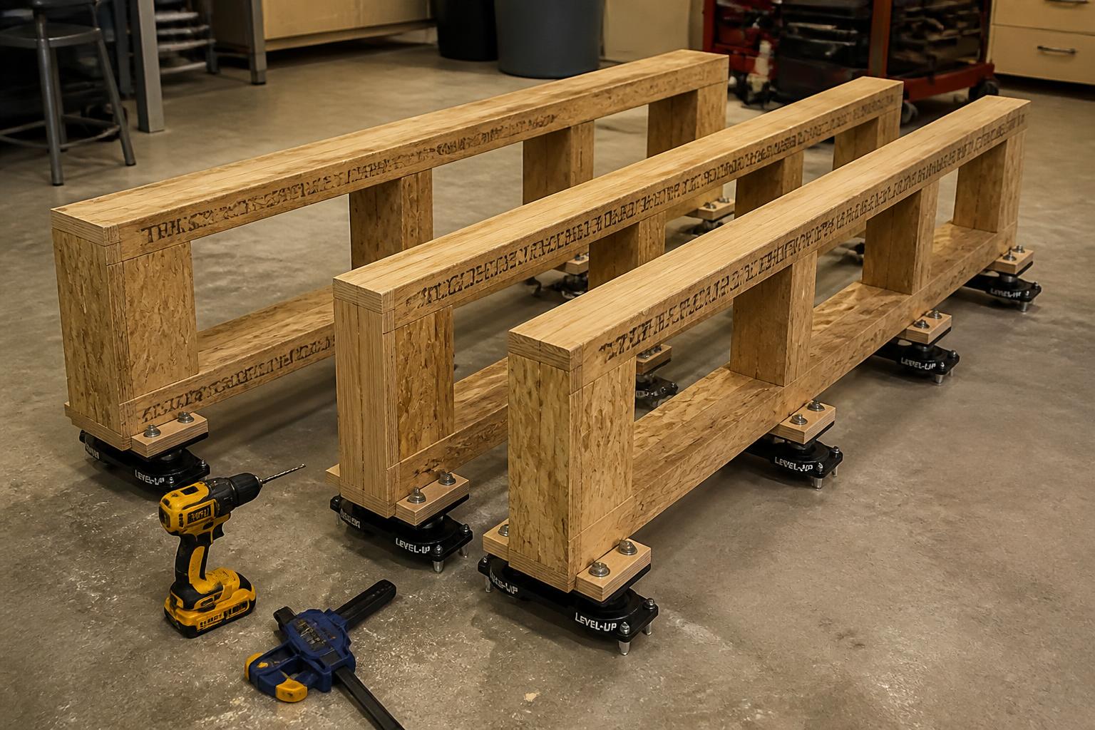 Two 96-inch LSL plinth frames on edge with twelve leveling casters bolted to laminated pads