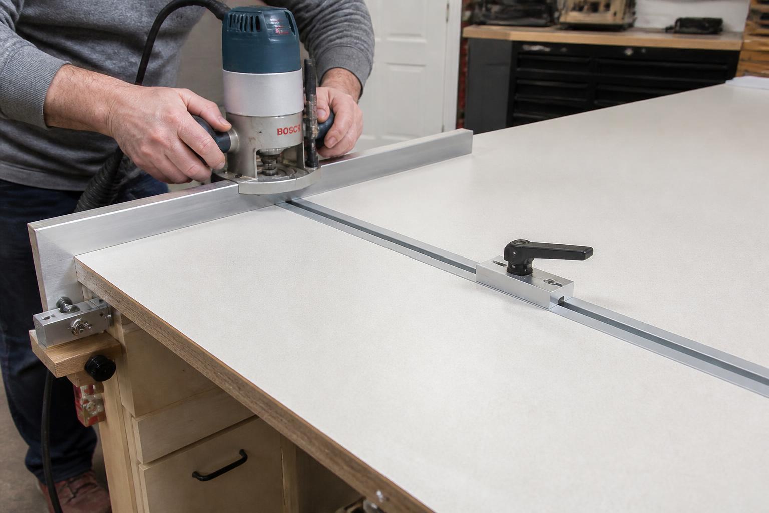 Routing a shallow recess in a worktop for an aluminum measuring track with a flip stop