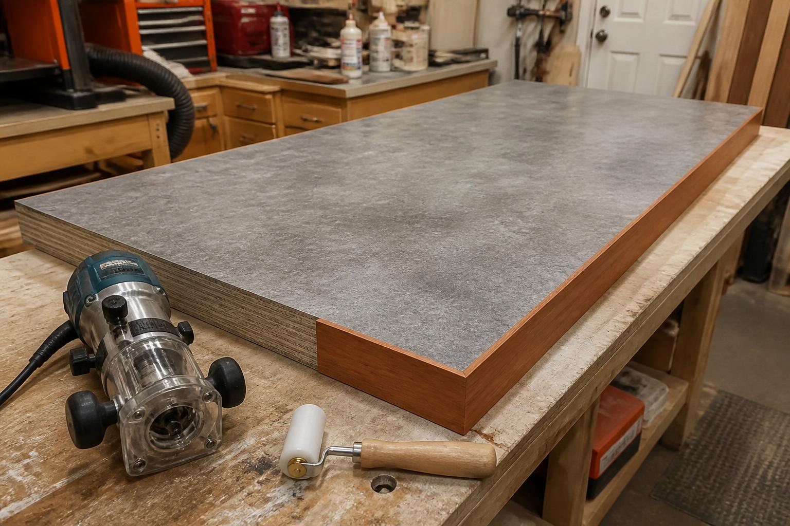 Laminated worktop with a plywood and MDF core, grey laminate face, and solid cherry edging