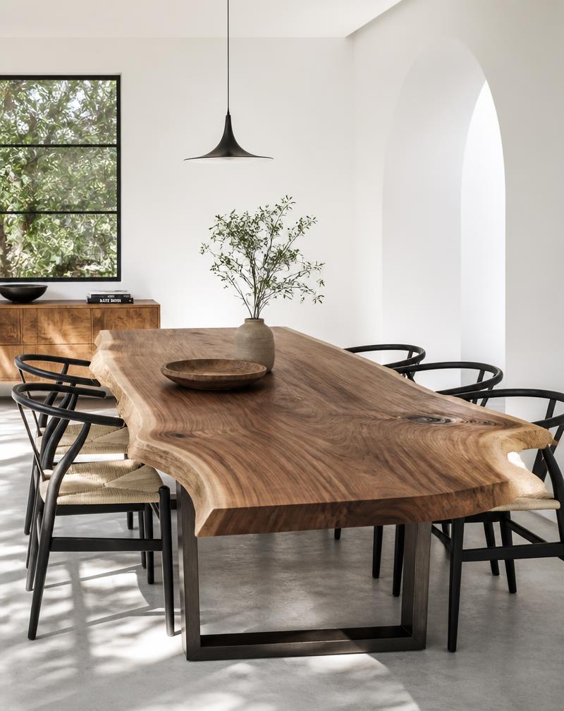 A live edge walnut dining table in a minimalist white room